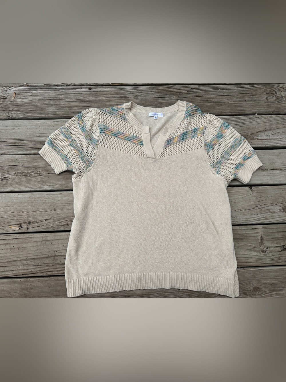 Daily Threads Cream Cottagecore Open Knit Short Sleeve Top w Rainbow Sleeves, 2X